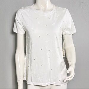 CeCe Pearl-Embellished Short Sleeve Tee. New Ivory. Small. NWT